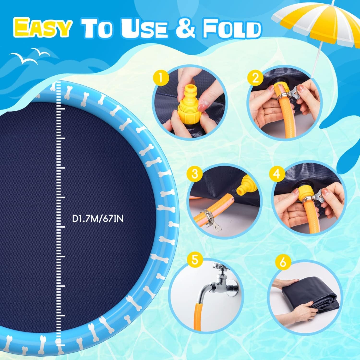 Nobleza Piscina Para Perros Grandes, D170Cm/66.9In Piscina Plegable Para Perro, Splash Pad Perro, Espesar 0.55Mm, Antideslizante Tapete De Juegos De Agua, Juguete De Verano Para Jardín Al Aire Libre