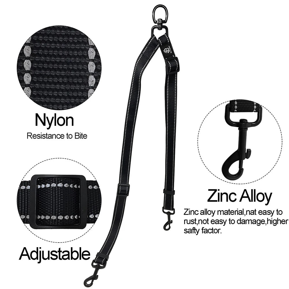 Black Double Leash Coupler for Large Dogs Adjustable Heavy Duty Nylon Splitter for Two Big Dogs