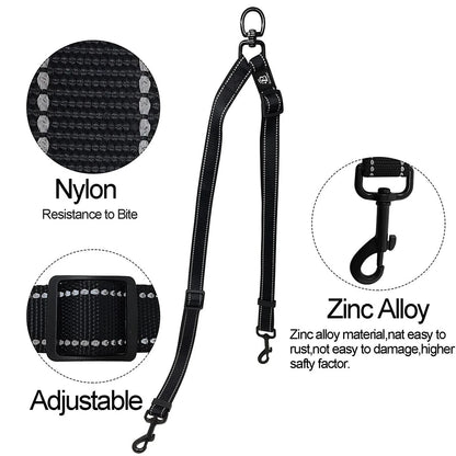 Black Double Leash Coupler for Large Dogs Adjustable Heavy Duty Nylon Splitter for Two Big Dogs