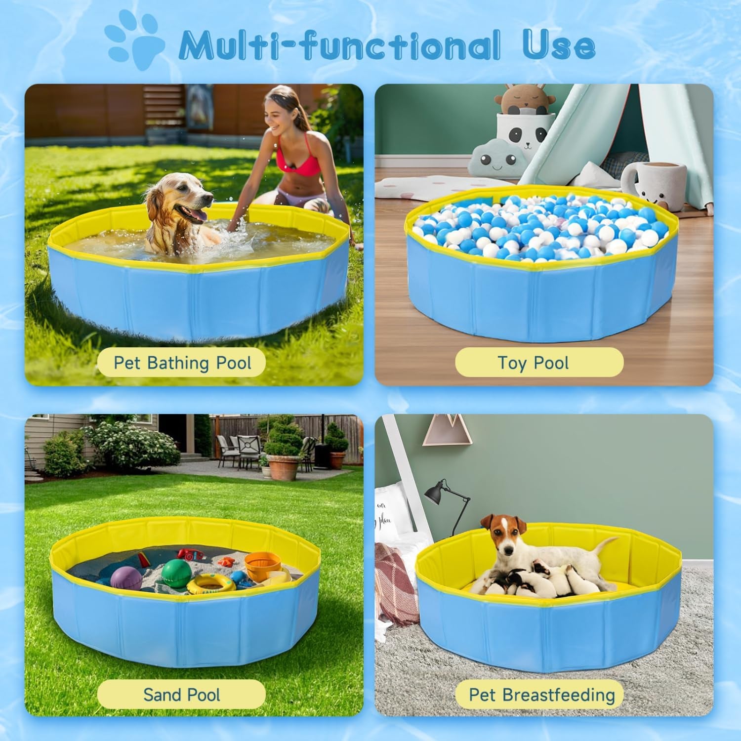 Nobleza Piscina Para Perros Grandes Y Pequeños, Bañera Plegable Rigida Antideslizante Para Mascotas, Gatos, 80 * 20Cm, S, Azul & Amarillo