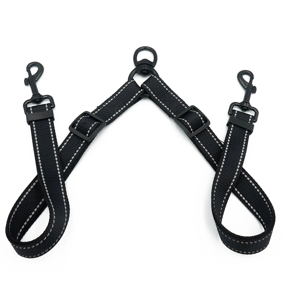 Black Double Leash Coupler for Large Dogs Adjustable Heavy Duty Nylon Splitter for Two Big Dogs